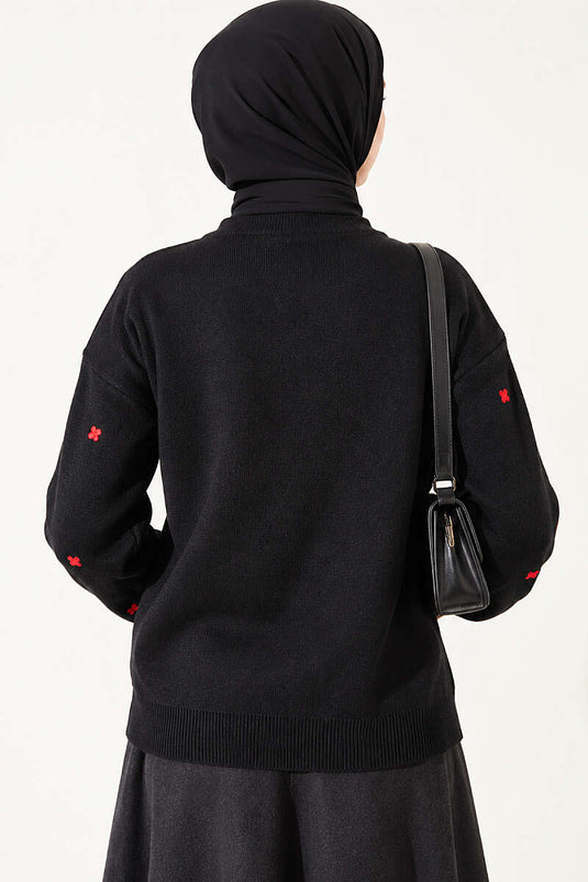 Schwarze Strickjacke Mit Blumenstickerei