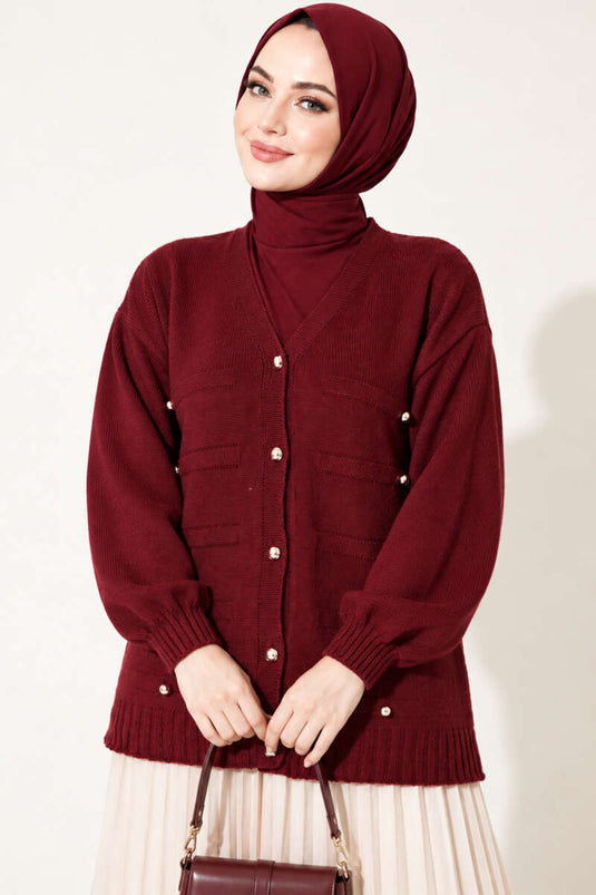 Bordeaux Strickjacke Mit Knöpfen