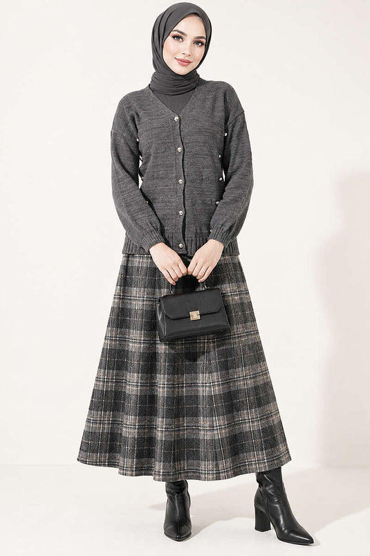 Serpme Düğme Detaylı Triko Hırka Füme