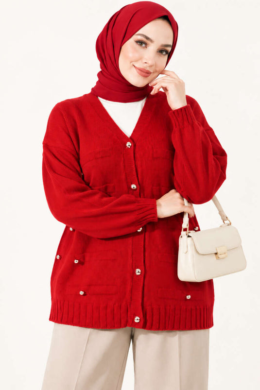 Red Knit Cardigan With Button Details
