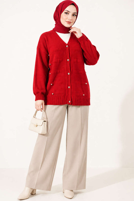 Red Knit Cardigan With Button Details