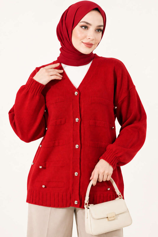 Red Knit Cardigan With Button Details