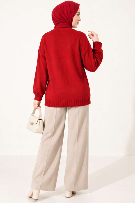 Red Knit Cardigan With Button Details
