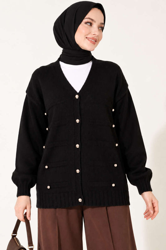 Schwarzer Strickcardigan Mit Knopfdetails
