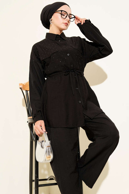 Two Piece Set Black with Sprinkled Stone Detail