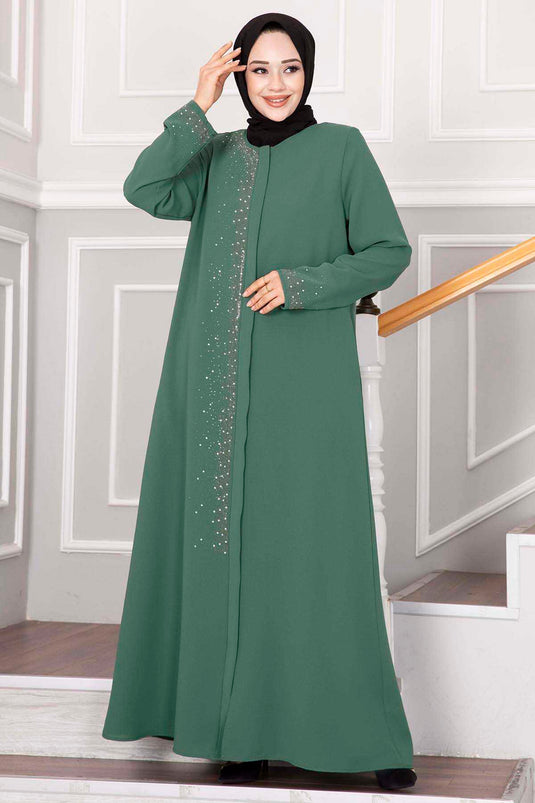 Hijab Abaya with Sprinkled Stone Detail - Age Green