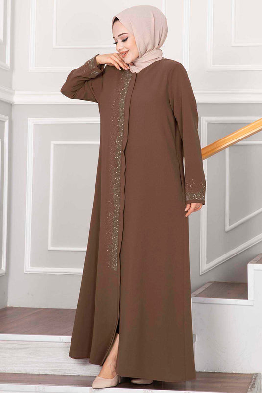 Tesettür Abaya Brown with Sprinkled Stone Detail