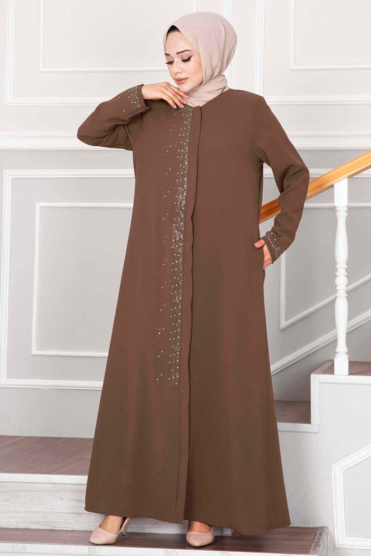 Tesettür Abaya Brown with Sprinkled Stone Detail