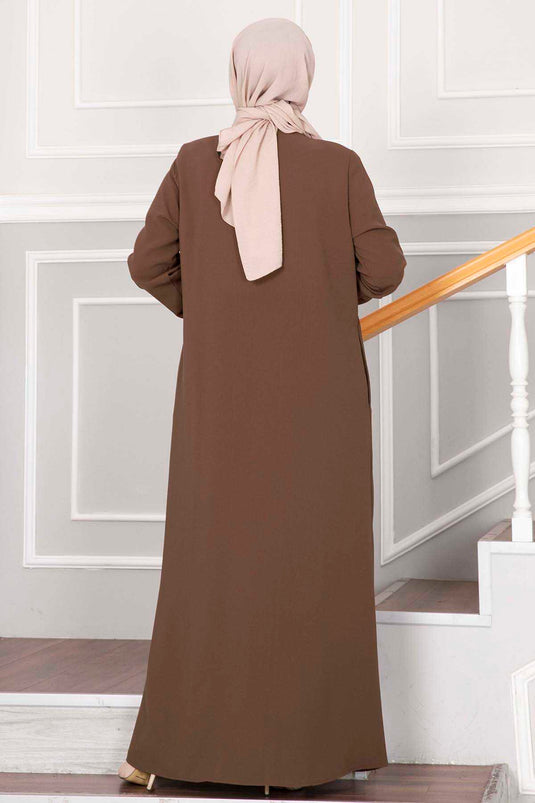 Tesettür Abaya Brown with Sprinkled Stone Detail