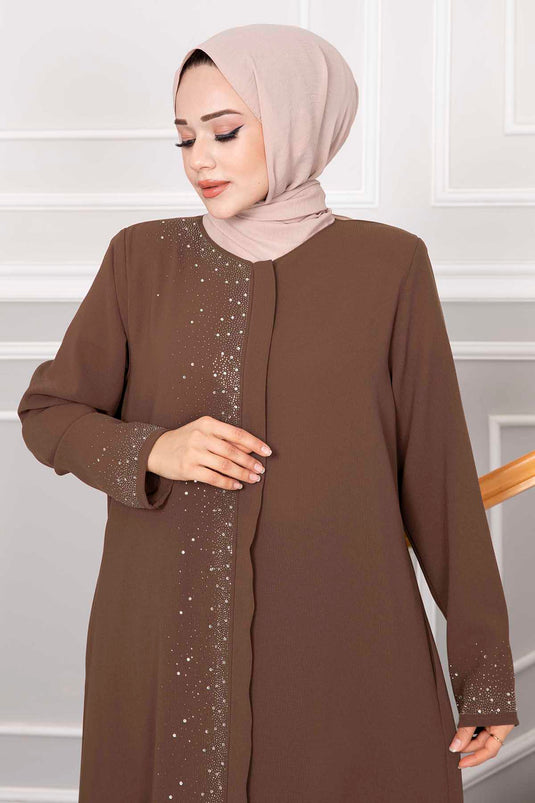 Tesettür Abaya Brown with Sprinkled Stone Detail