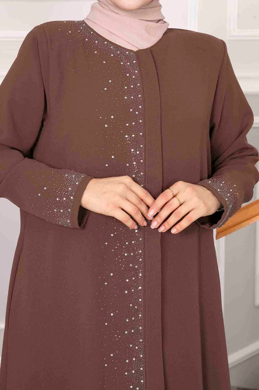 Tesettür Abaya Brown with Sprinkled Stone Detail
