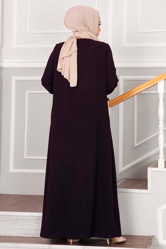 عباية حجاب بتفاصيل حجرية مرشوش باللون الأحمر البرقوق