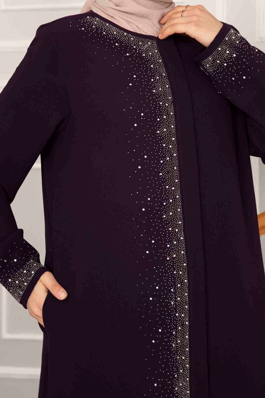 عباية حجاب بتفاصيل حجرية مرشوش باللون الأحمر البرقوق