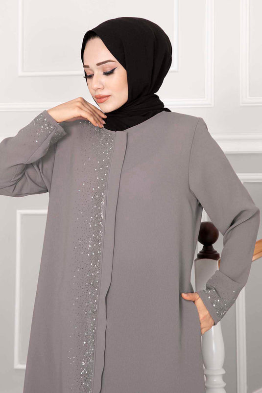 Sprinkled Stone Detailed Hijab Abaya Mink