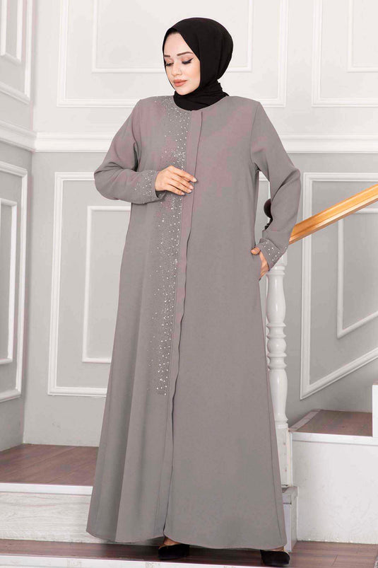 Sprinkled Stone Detailed Hijab Abaya Mink