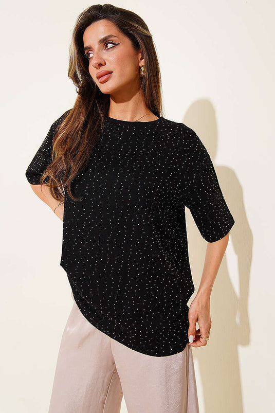 Serpme Taşlı Basic T-shirt Siyah