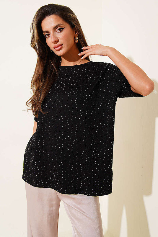 Serpme Taşlı Basic T-shirt Siyah