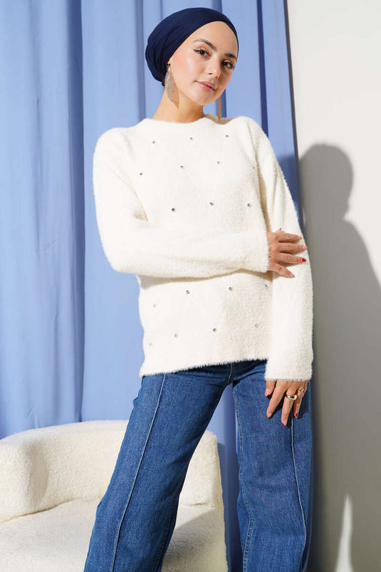 Serpme Taşlı Çizgili Sakallı Kazak Ekru