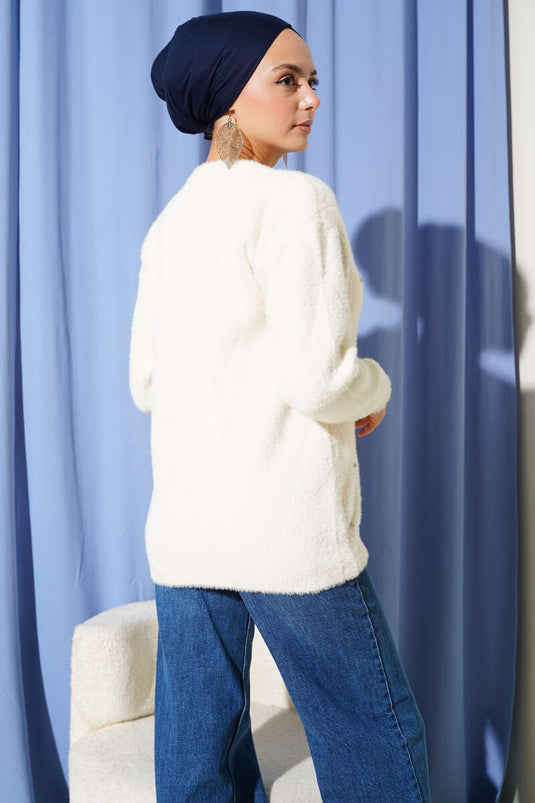 Serpme Taşlı Çizgili Sakallı Kazak Ekru