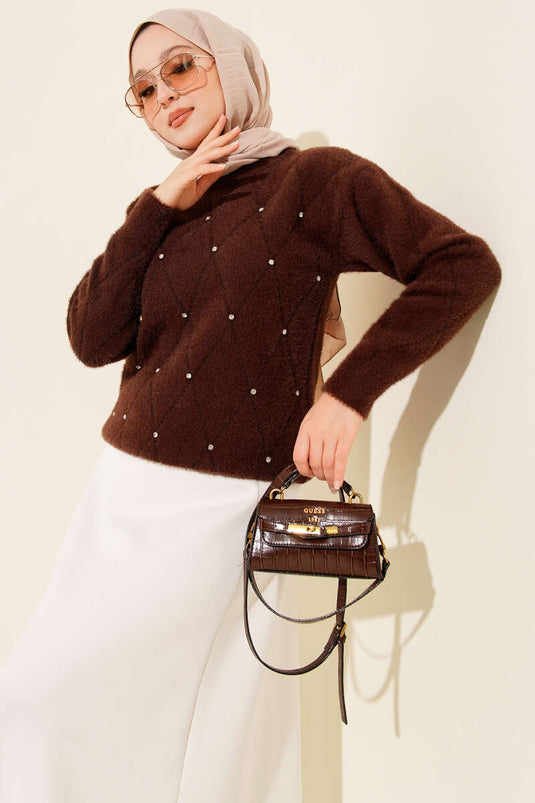 Serpme Taşlı Çizgili Sakallı Kazak Kahve