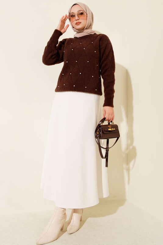 Serpme Taşlı Çizgili Sakallı Kazak Kahve