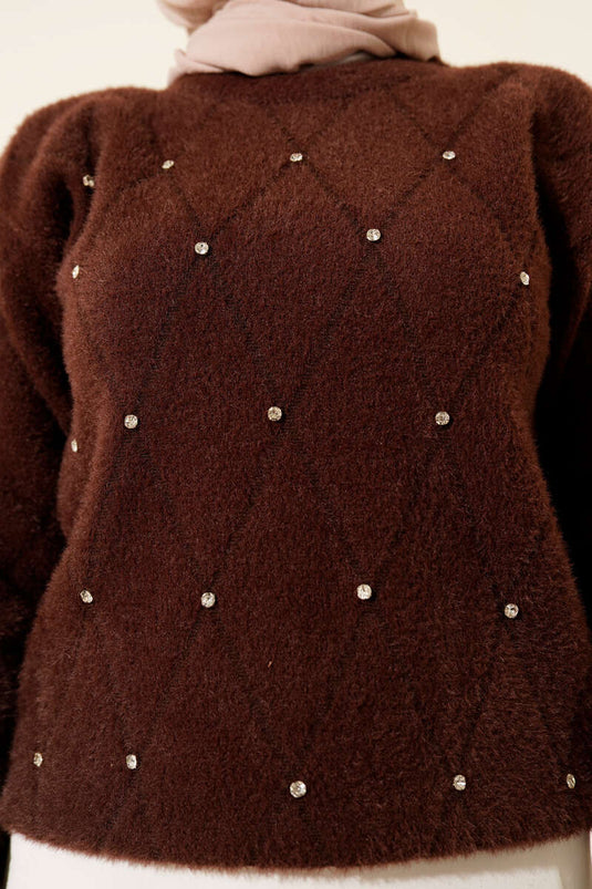 Serpme Taşlı Çizgili Sakallı Kazak Kahve