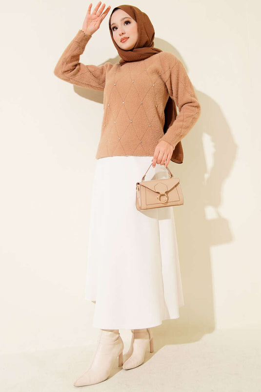 Serpme Taşlı Çizgili Sakallı Kazak Latte