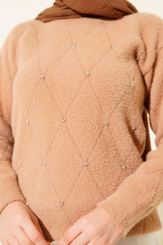 Serpme Taşlı Çizgili Sakallı Kazak Latte