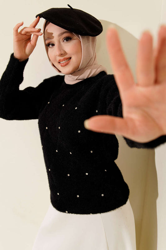 Serpme Taşlı Çizgili Sakallı Kazak Siyah