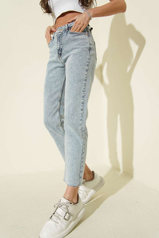 Narrow Leg Denim Pants with Scattered Stones Light Blue