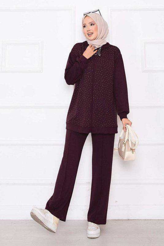 طقم أويشو من قطعتين مزين بأحجار متناثرة وسحاب، لون عنابي