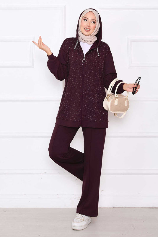 Serpme Taşlı Fermuarlı Oyşo İkili Takım Bordo