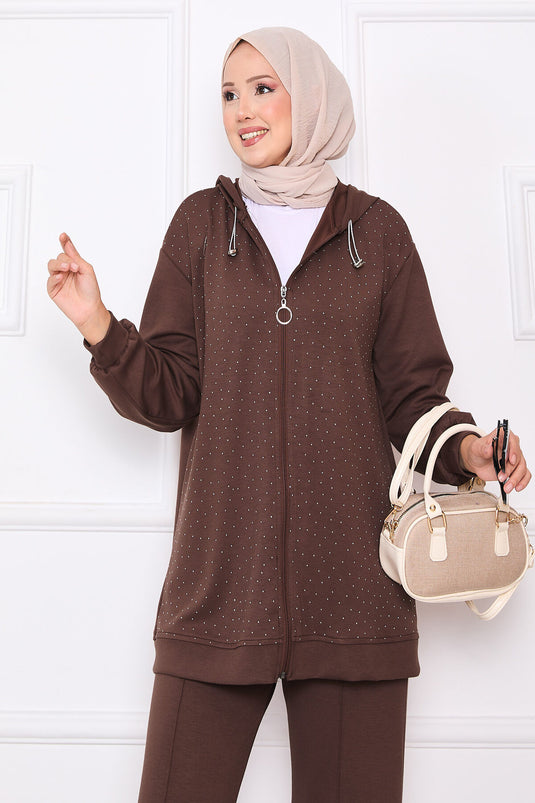 بدلة أويسو من قطعتين باللون البني مع أحجار مرشوشة وسحاب