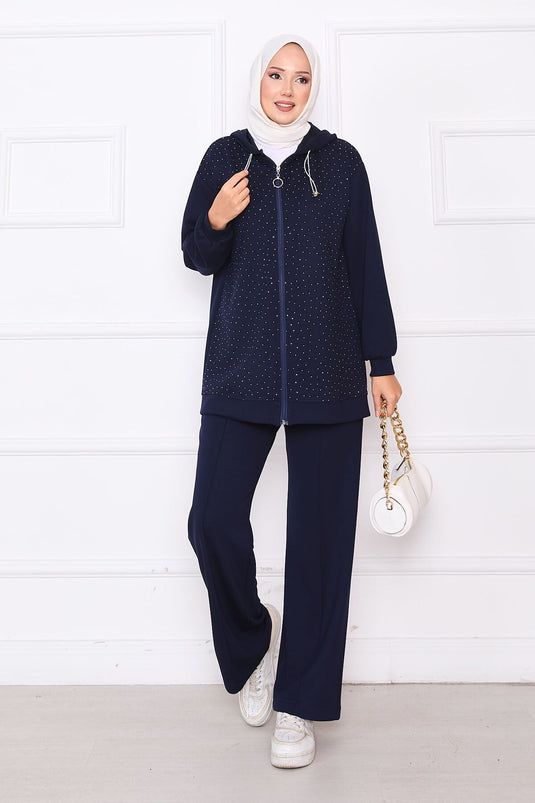 Ensemble deux pièces Oysho avec pierres dispersées et fermeture éclair, bleu marine