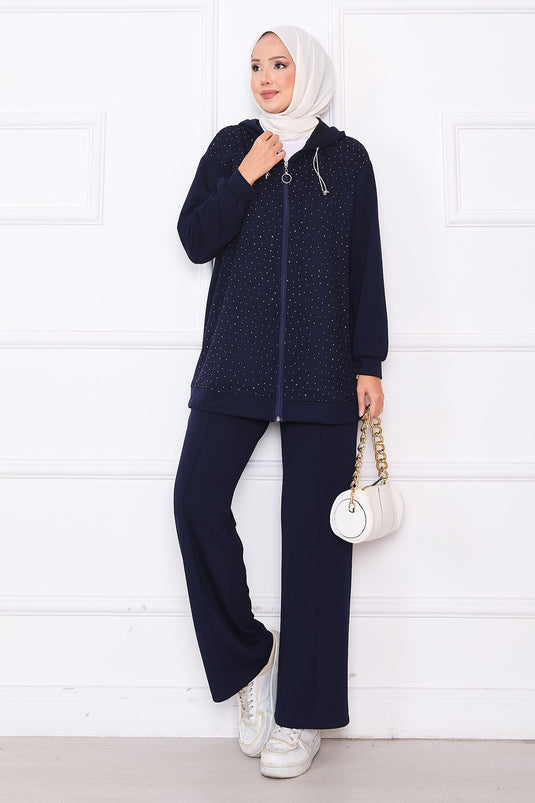 طقم أويشو من قطعتين مزين بأحجار متناثرة وسحاب، باللون الأزرق الداكن