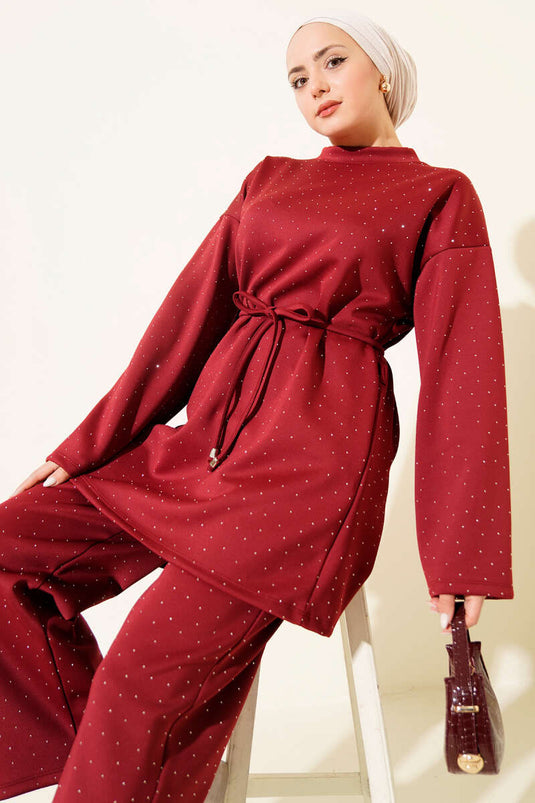 Serpme Taşlı İp Bağcıklı İkili Takım Bordo