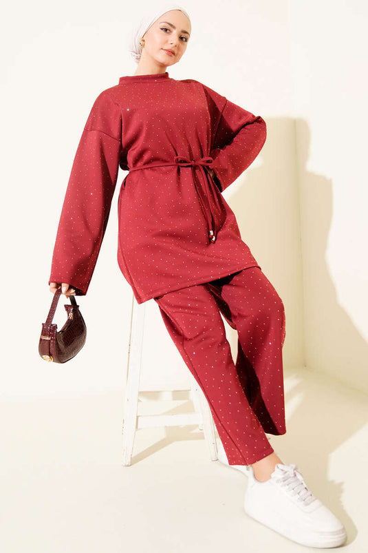 Serpme Taşlı İp Bağcıklı İkili Takım Bordo