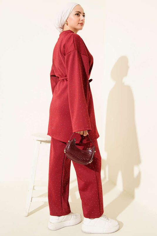 Serpme Taşlı İp Bağcıklı İkili Takım Bordo