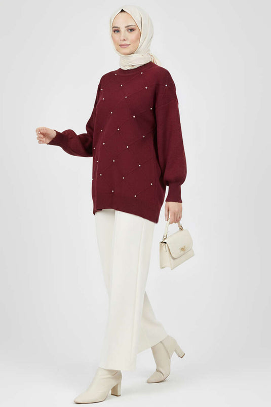 Serpme Taşlı Triko Tunik Bordo