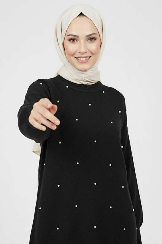 Tunique tricotée ornée de pierres, noire