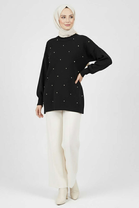 Tunique tricotée ornée de pierres, noire