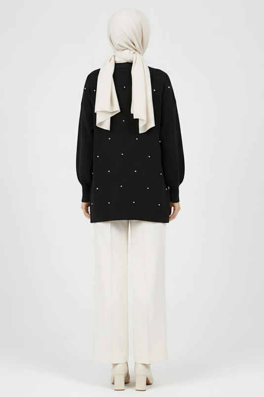 Tunique tricotée ornée de pierres, noire