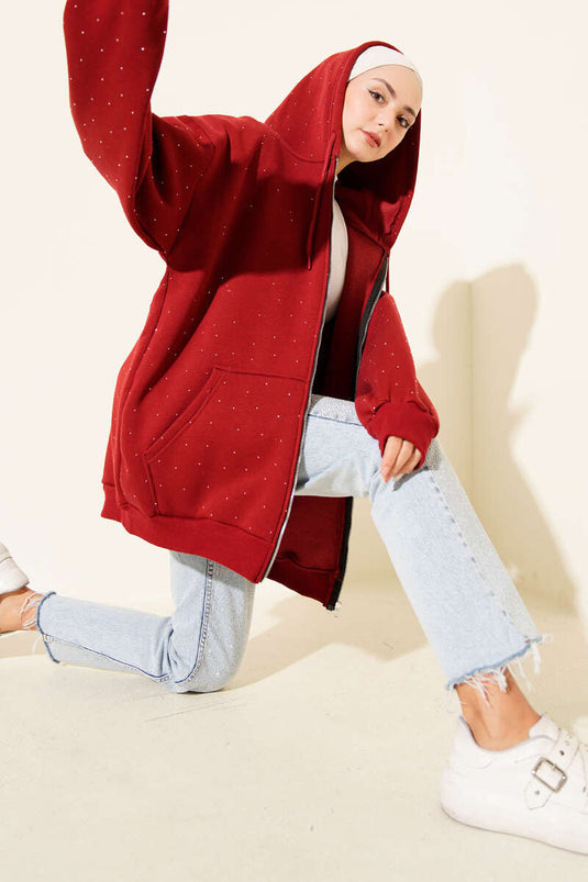 Three-Thread Cardigan with Sprinkled Stones, Burgundy