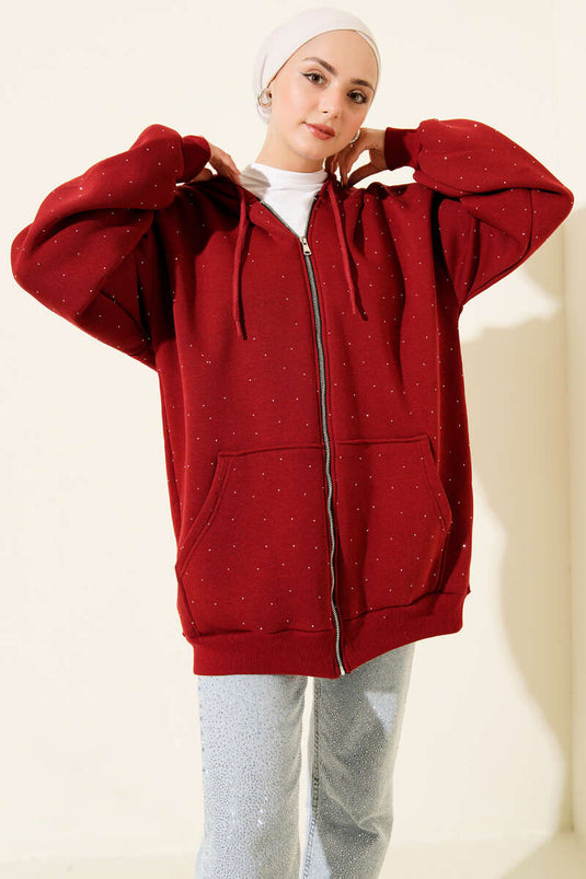 Three-Thread Cardigan with Sprinkled Stones, Burgundy