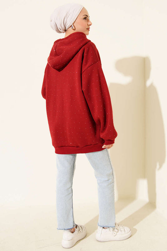 Three-Thread Cardigan with Sprinkled Stones, Burgundy