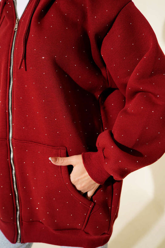 Three-Thread Cardigan with Sprinkled Stones, Burgundy