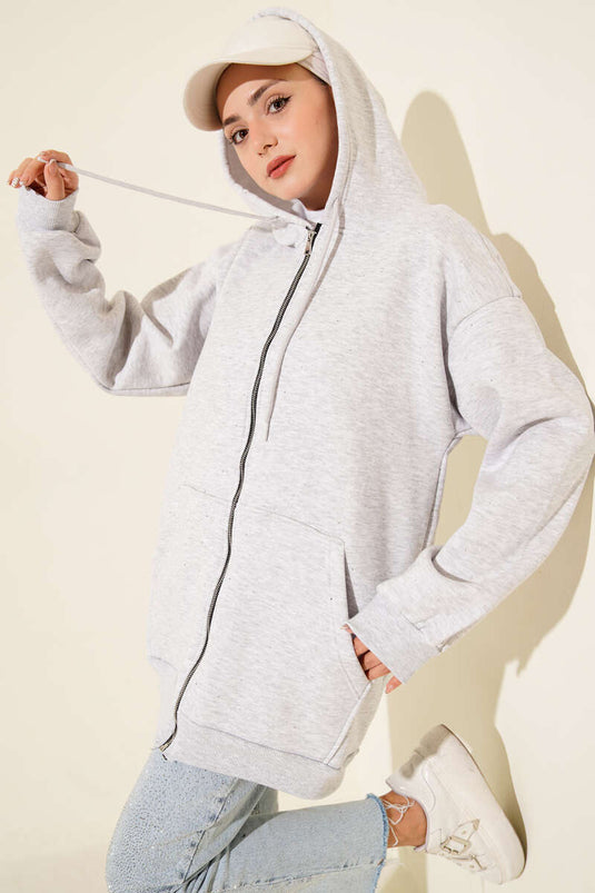 Three-Thread Cardigan with Sprinkled Stones, Gray