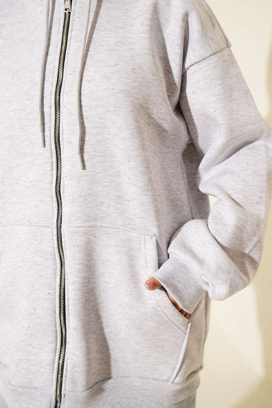 Three-Thread Cardigan with Sprinkled Stones, Gray