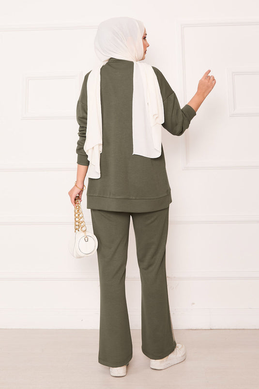 Costume deux pièces à demi-fermeture éclair kaki avec pierres saupoudrées