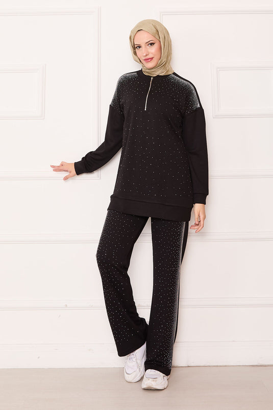 Costume deux pièces à demi-fermeture éclair noir avec pierres saupoudrées